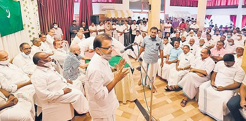 Muslim League district president K M Abdul Majeed addressing the rebel faction meet held at Kalamassery against the candidature of V E Abdul Gafoor | Express