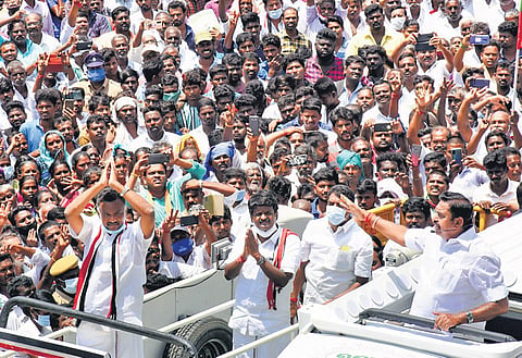 Chief Minister Edappadi K Palaniswami campaigning for his party candidates  C Vijayabaskar and Karthik Thondaiman in Pudukkottai district on Tuesday | Express