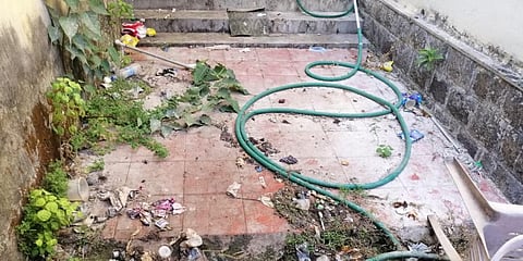 The premises of Mattancherry Town Hall Covid centre has not been cleaned for a long time.  (Photos by special arrangement)