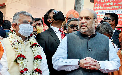Union Home Minister Amit Shah and West Bengal BJP president Dilip Ghosh (File Photo | PTI)