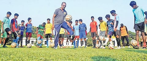 P P Thobias during a training session with Bolgatty FC at the Ambedkar Stadium.  The unavailability of quality venues is causing a hindrance in making sessions more regular | A Sanesh