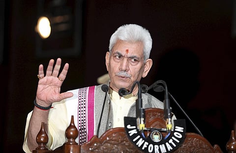Lt Governor Manoj Sinha addresses a press conference in Jammu. (Photo | PTI)