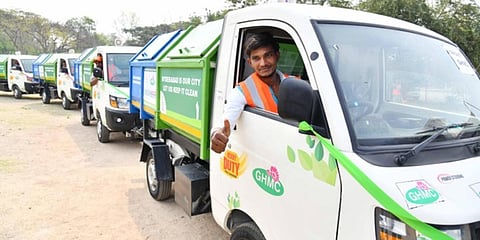 IT Minister KT Rama Rao, along with Mayor Gadwal Vijayalaxmi, hands over 325 Swachh Auto Tippers to beneficiaries, in Hyderabad, on Thursday. (Photo| EPS)