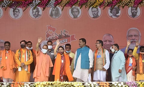 Uttar Pradesh Chief Minister Yogi Adityanath during a public rally 'Parivartan Yatra' at Gazole in Malda District Tuesday March 02 2021. (Photo | PTI)