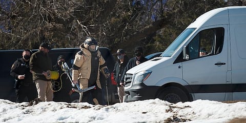 Ankeny Police investigate the scene at the Lakeside Center where a suspicious package was found on Tuesday, March 2, 2021, in Ankeny, Iowa.  (Photo | AP)