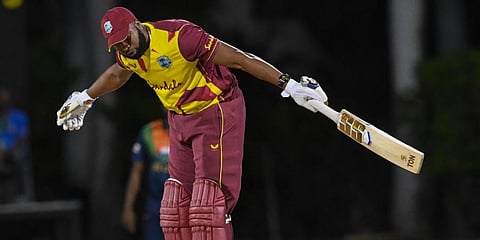 Name: Keiron Pollard (West Indies)  Against: Akila Dananjaya of Sri Lanka during an T20I match at Antigua. Year: 2021 (Photo | AFP)