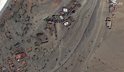 This satellite image provided on Feb. 17, 2021, by Maxar Technologies shows the close up of an area at Pangong Tso, with troops deployment, along the India-China border. (Photo | AP)