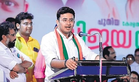 Tejasvi Surya, national president of Bharatiya Janata Yuva Morcha, addressing Vijaya Yatra in Chengannur on Wednesday 