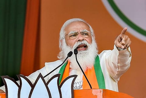 PM Modi addresses a public meeting ahead of West Bengal Assembly Polls at Brigade Parade Ground in Kolkata Sunday March 7 2021. (Photo | PTI)