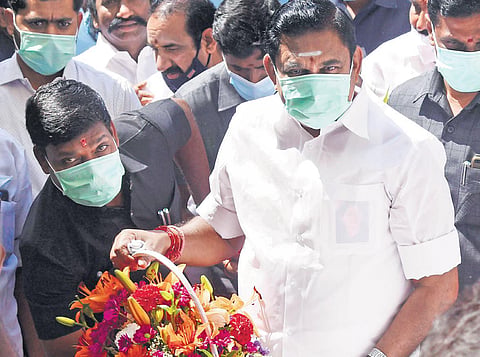 Palaniswami arriving at party office for poll discussion, in Chennai on Saturday | R Sa tish Ba bu