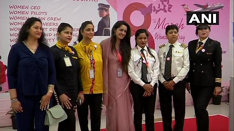 First flight from Delhi-Bareilly launched with an all-women crew. (Photo | ANI)