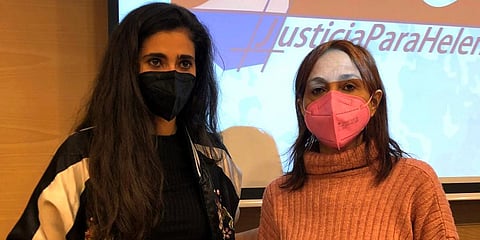 Walking Borders founder and activist Helena Maleno, right, poses for a photo with Spanish actress Alba Flores during a press conference in Madrid. (Photo | AP)