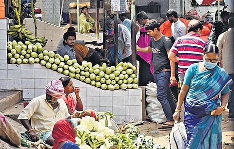 A view of a busy Vegetable Market. (Photo | Vinay Madapu, EPS)