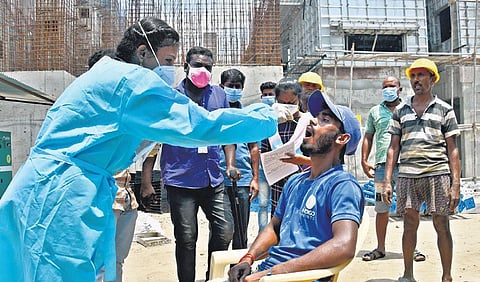 A Corporation health worker collects swab samples at a construction site at Chetpet in Chennai | Ashwin prasath