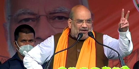Home Minister Amit Shah addresses during an election campaign ahead of the fifth phase of the West Bengal Assembly election. (Photo | ANI)