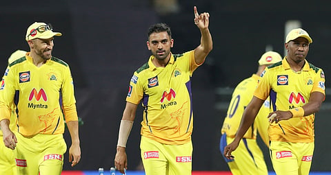 Deepak Chahar of Chennai Super Kings celebrates wicket of Mayank Agarwal of Punjab Kings during match at the Wankhede Stadium Mumbai, Friday, April 16, 2021.  (Photo | IPLT20)