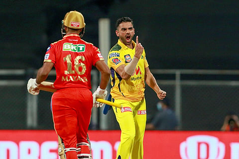 Deepak Chahar of Chennai Super Kings celebrates the wicket of Mayank Agarwal of Punjab Kings. (Photo | PTI)