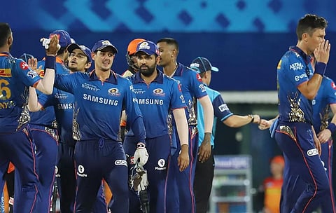 Mumbai Indians players greet each other after winning match against Sunrisers Hyderabad held at the M. A. Chidambaram Stadium, Chennai on the 17th April 2021. (Photo | IPLT20)