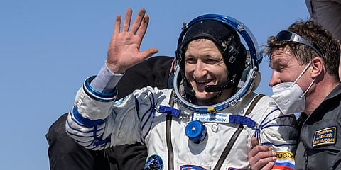 Roscosmos cosmonaut Sergey Kud-Sverchkov is helped out of the Soyuz MS-17 spacecraft. (Photo| AP)