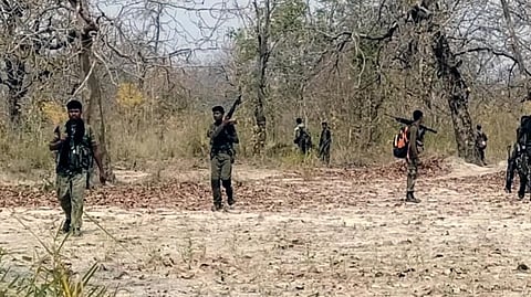 Security personnel at the site of the Naxal attack at the Bijapur border district in Chhattisgarh.
