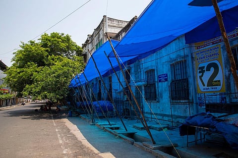 A street in Puducherry wears a deserted look as the UT observes the Sunday lockdown to control COVID surge. (Photo | G Pattabi Raman, EPS)