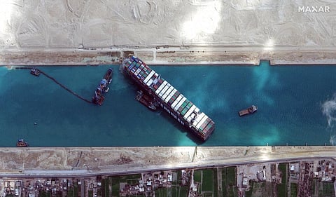 This satellite image from Maxar Technologies shows the cargo ship MV Ever Given stuck in the Suez Canal near Suez, Egypt. (File Photo | AP)