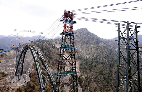 A view of an arch which is being placed at the under-construction iconic railway bridge over Chenab river, in Reasi district on Monday. (Photo | ANI)