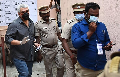 Actor Ajith coming to cast his vote at Tiruvanmaiyur government high school in Chennai.  (Photo | Ashwin Prasanth, EPS)