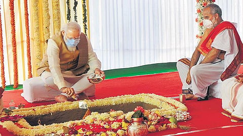 Prime Minister Narendra Modi lays the foundation stone for a new Parliament building as part of the Central Vista project, in New Delhi on Thursday | PTI