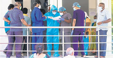 Hospitals in Chennai are overflowing with rising Covid cases. A scene outside the Covid ward at Kilpauk Medical College and Hospital in Chennai on Tuesday | Debadatta Mallick