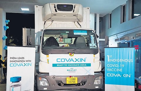 The first consignment of Bharat Biotech’s Covaxin being dispatched from Hyderabad. (File photo)