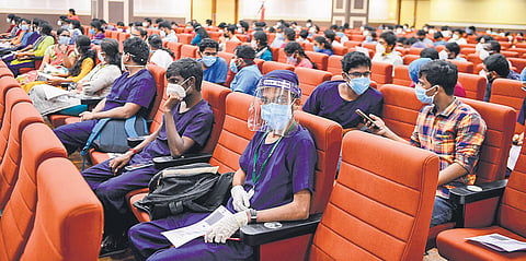 Final-year MBBS students attending an orientation ceremony at Ripon Buildings in Chennai. (Photo| Debadatta Mallick, EPS)