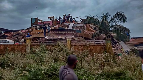 Rescue operations underway after a residential building collapsed in Raigad in 2020 after being hit by cyclone 'Nisarga'. (Photo| PTI)
