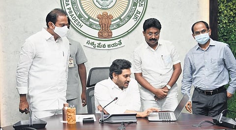 CM YS Jagan Mohan Reddy inaugurating CT and MRI scanning machines at four teaching hospitals from his camp office in Tadepalli on Wednesday | Express