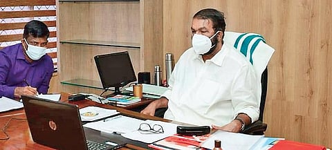 Kerala Education Minister V Sivankutty during the virtual high-level meeting of the Centre and various states to discuss the conduct of CBSE Class XII examinations. (Photo | Express)