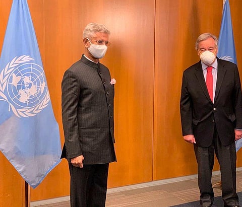 India's External Affairs minister Jaishankar with UN secretary general Antonio Guterres. (Photo | Twitter)