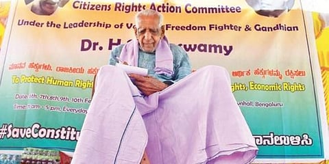 File photo of freedom fighter HS Doreswamy attending a protest against Citizenship Act at Freedom Park. (Photo | Pandarinath B, EPS)