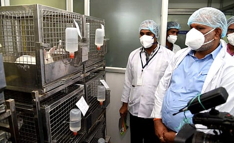 TTD Trust Board member and MLA Chevireddy Bhaskar Reddy inspects a lab in Tirupati on Wednesday. (Photo | Madhav K, EPS)
