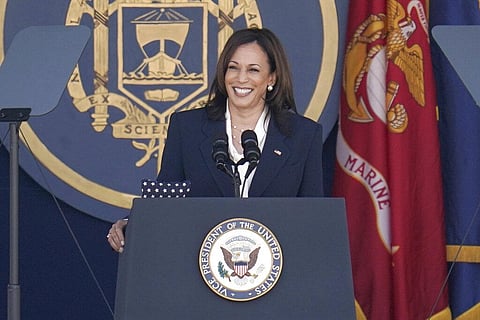 Vice President Kamala Harris speaks at the graduation and commission ceremony at the U.S. Naval Academy in Annapolis (Photo | AP)