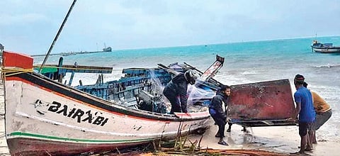 A fishing boat which was damaged in the Cyclone Tauktae that hit the island last week. The fishermen couldn’t move the boat to safety as the island administration has demolished their sheds. 