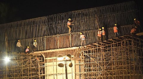 Construction of one of the pillars of the elevated highway on NH66 connecting Kazhakoottam and Technopark  in progress. (Photo | B P Deepu, EPS)