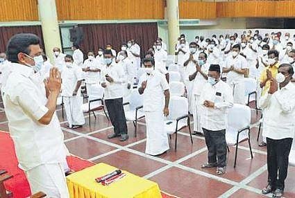 DMK chief and Chief Minister-designate MK Stalin greeting the newly elected MLAs at Anna Arivalayam before the meeting on Tuesday | Express