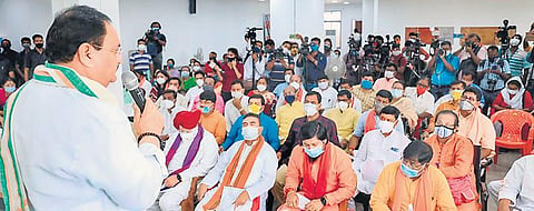 BJP national president JP Nadda addresses party workers on the incidents of post-poll violence in Kolkata on Wednesday | PTI