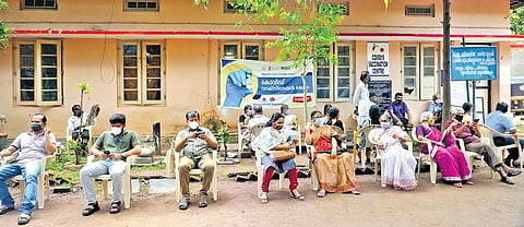 People follow social distancing as they wait for Covid vaccination at the General Hospital in Thiruvananthapuram. The Covid vaccination resumed at the centre on Thursday | Vincent Pulickal