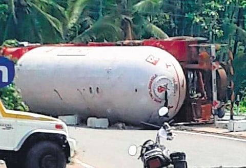 The tanker lorry that overturned at Chala bypass in Kannur on Thursday