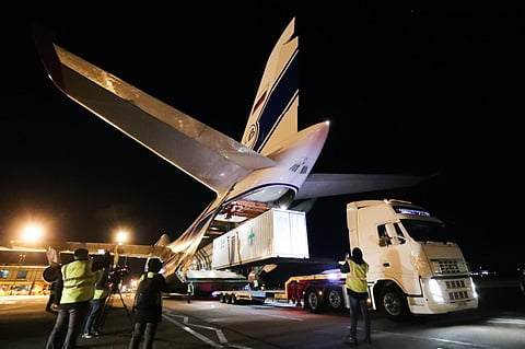 The Antonov 124, left Belfast with three 18-tonne oxygen generators and 1,000 quiescent fans, en route to India. (Photo | @UKinSweden, Twitter)