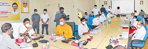 Minister M Mathiventhan chairing a review meeting on development projects at Tamil Nadu Tourism Complex in Chennai