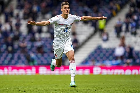 Czech Republic's Patrik Schick celebrates after scoring his second goal during the Euro 2020  against Scotland. (Photo | AP)