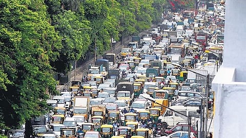 A bumper-to-bumper traffic near Town Hall in Bengaluru