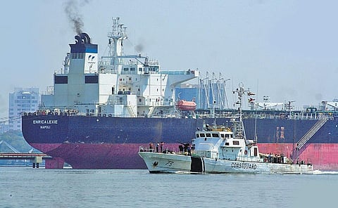 Indian Coast Guard ship Lakshmi Bai, which tracked down the Italian tanker  Enrica Lexie after the firing incident, on patrolling duty in the sea | File pic